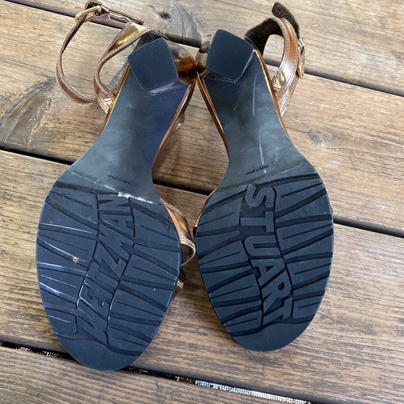 New Stuart Weitzman Metallic Peep Toe Block Heels - Picture 14 of 16